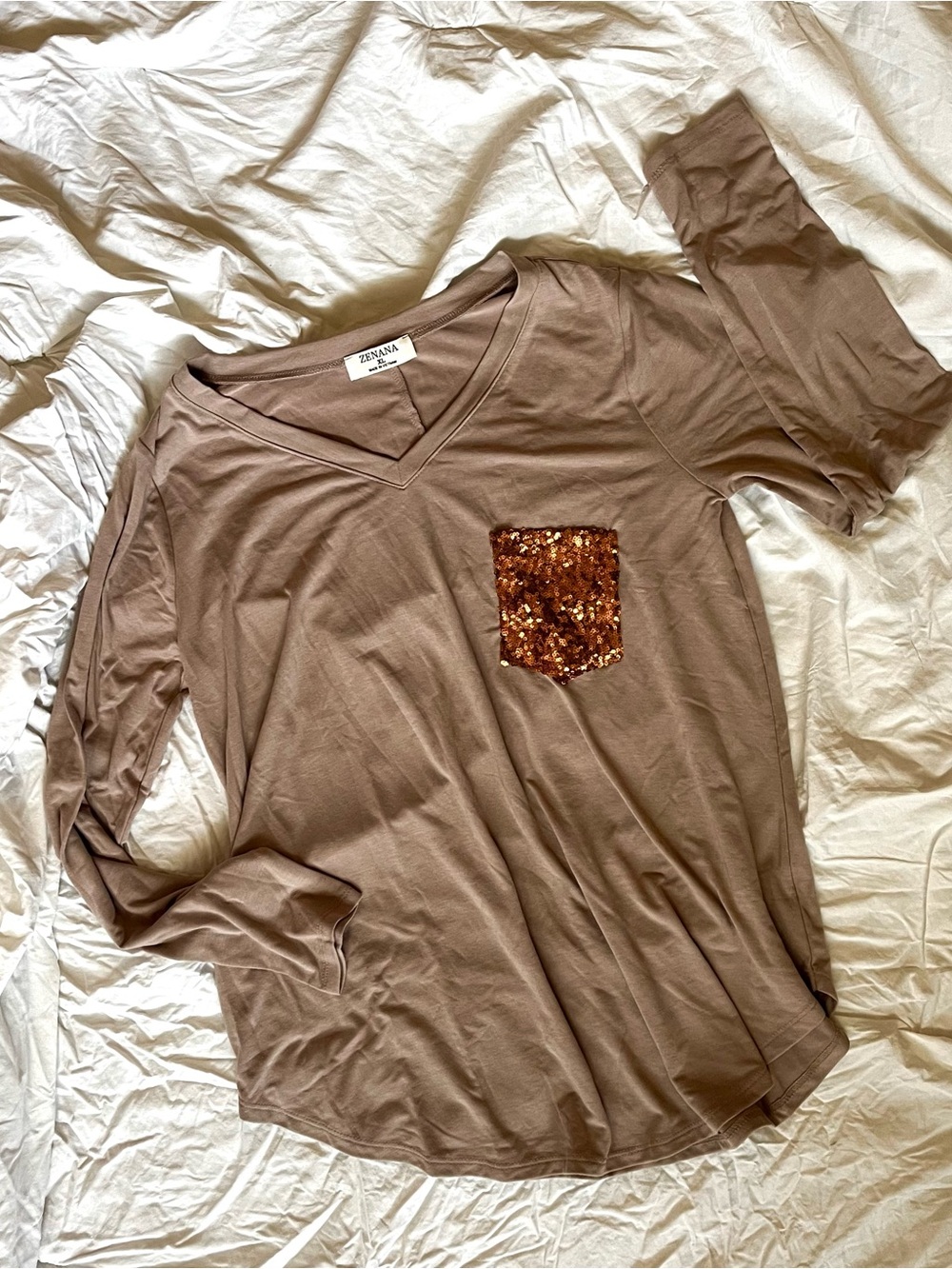 Zenana Outfitters Taupe V-Neck Long Sleeve Top with Copper Sequin Pocket
